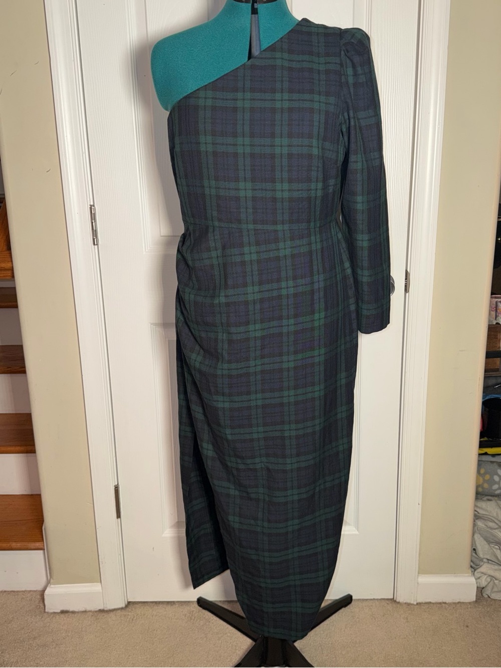One Shoulder Blackwatch Tartan Navy Plaid Midi Formal Holiday Dress Side Slit